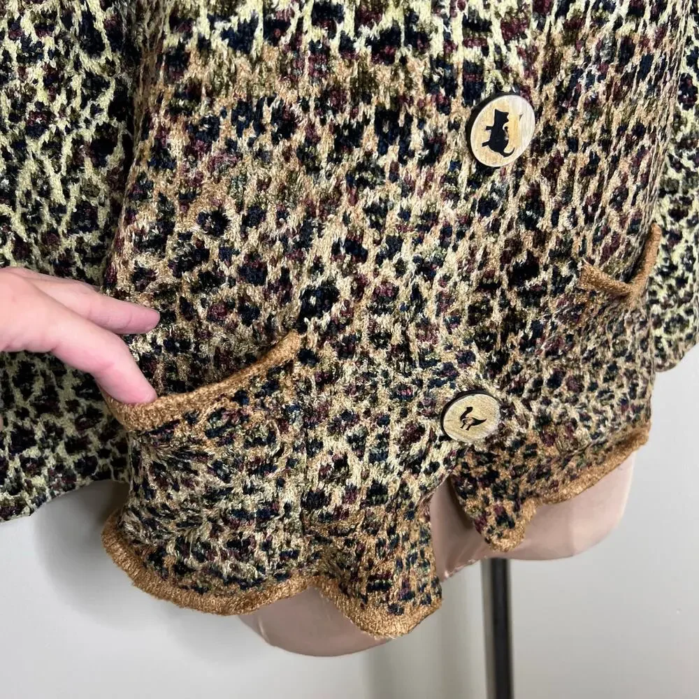 70s Carol Horn Sweater Jacket Large Womens Leopard Chenille Knit Wood Button Vtg